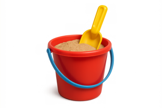 Red sand bucket with yellow beach toy spade