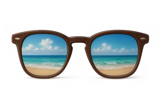 Sunglasses reflecting tropical beach scene on transparent background