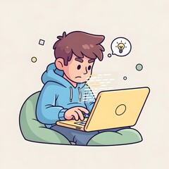 Focused cartoon character coding on a laptop, depicting a young programmer or student engrossed in digital problem-solving and creative development, with a visible spark of an idea