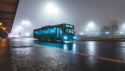 Urban Nightscape: A solitary bus illuminates a misty, rain-slicked city street, evoking a sense of calm and the quiet hum of urban life.
