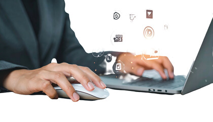 Person in suit uses laptop with floating icons, conceptualizing digital workflow