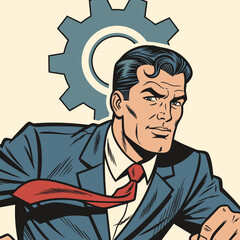 A businessman in a blue suit and red tie stands confidently with a large gear behind him, symbolizing industry and innovation
