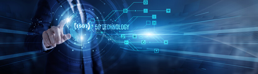 Technologist touching virtual screen a global 5G technology network. Ultra-fast communication, smart connectivity, IoT integration, low latency, advanced mobile broadband transformation worldwide.