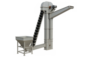 Industrial bucket elevator conveying bulk materials with transparent background