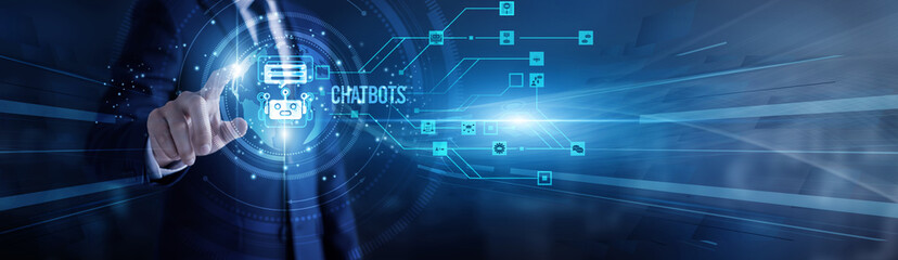 Designer touching virtual screen a global chatbots interface. AI conversation, virtual assistant, customer engagement, automation, natural language processing and digital communication tools.