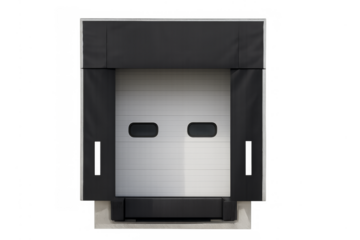 Warehouse loading dock roll-up door on transparent background