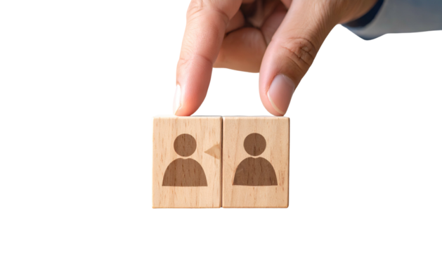 Hand placing blocks with people icons, symbolizing teamwork or interaction, against black