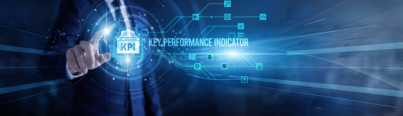 Manager touching virtual screen a global key performance indicator dashboard. Data metrics, goal tracking, business analytics, productivity measurement, and performance improvement insights.