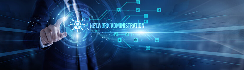 IT professional touching virtual screen a global network administration system. Server maintenance,...