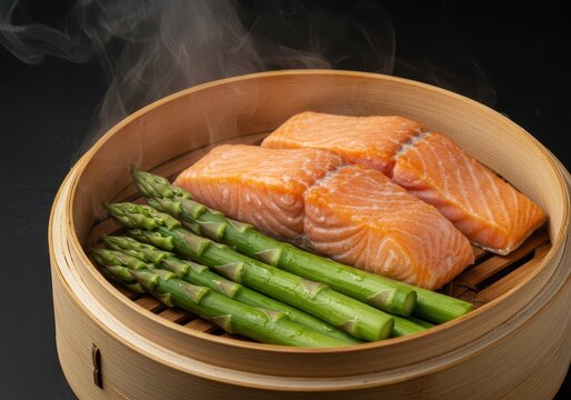 Close-up view of fresh green asparagus and salmon fillets cooking healthily inside a classic bamboo steamer basket, rising vapor visible ,meal ,steamed ,organic
