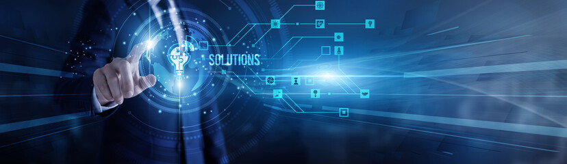 Entrepreneur touching virtual screen a global solutions framework. Innovation, creative problem-solving, digital transformation, business strategy, efficiency improvement and smart outcomes.