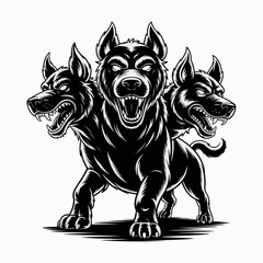 Menacing Three-Headed Canine Silhouette Graphic Novel Style | Monochrome Mythical Guardian Beast Bold Ink Illustration | Ferocious Cerberus-Inspired Triple Headed Dog Black and White Artwork