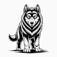 Ferocious Husky Silhouette with Yellow Eyes | Bold Wolf Emblem Illustration | Powerful Black and White Wild Canine Graphic
