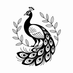 Obraz premium Elegant Black and White Peacock Line Art with Decorative Leaf Wreath, Majestic Bird Vector Illustration for Nature, Ornate, and Artistic Designs