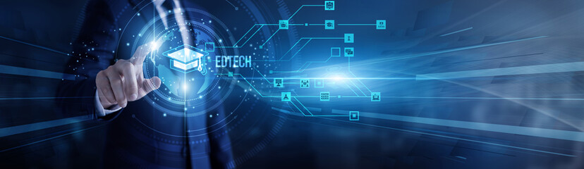 Teacher touching virtual screen a global EdTech innovation. Online learning, virtual classrooms, digital education, AI-driven tools, student engagement and knowledge transformation worldwide.