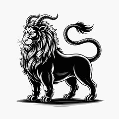 Fototapeta premium Fierce Mythological Chimera Beast with Lion's Body, Goat Horns, and Serpent Tail Black and White Vector Illustration. Ancient Greek Fantasy Monster.
