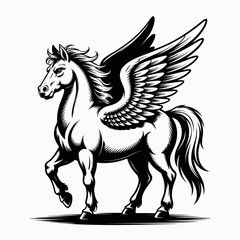 Fototapeta premium Majestic Mythical Pegasus Winged Horse Standing Black and White Vector Illustration. Elegant Flying Creature from Ancient Greek Mythology Art.