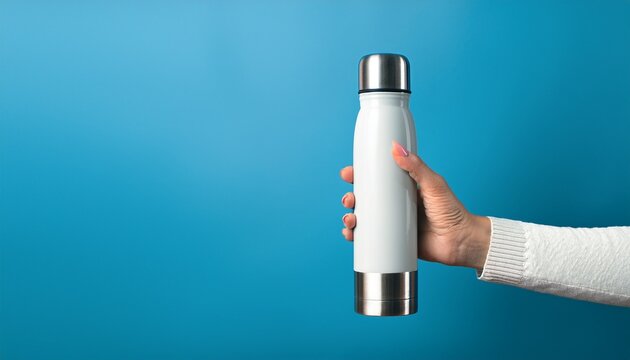 main tenant une gourde pour boisson chaude ou froide thermos bouteille isotherme en metal emaillee en blanc et chrome sur un fond bleu azur avec espace negatif copy space