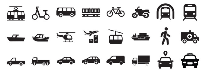 Transport glyph icon set. Vector pictograms of airplane, helicopter, boat, ferry, cargo, ship, motorcycle, bicycle, tram, subway, metro, black sign silhouette illustration. vector eps file.