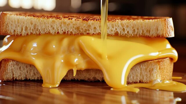 The grilled cheese sandwich is perfectly toasted, with gooey cheese oozing from the sides. This delicious sandwich showcases golden bread and melted cheese, creating an appealing s