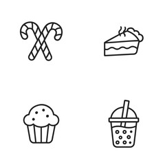DessertDoodle Line Pack Hand-drawn line icons — candy canes, pies, muffins, and bubble tea — in clean black vector outlines, consistent thickness, modern flat style