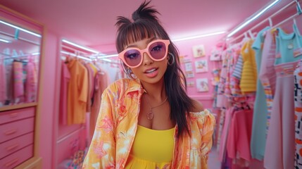 Fashion influencer taking selfie in vapor wave inspired dressing room