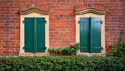 Obraz premium two vintage green wooden windows on rustic red brick wall with plants growing below symbolizing classic architecture natural harmony and charming countryside home design