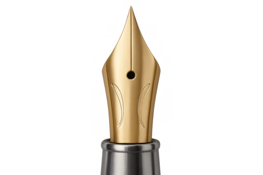 Golden fountain pen nib head on transparent background