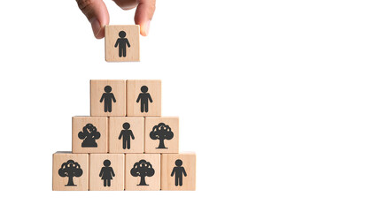 A hand places a person icon atop a wooden block pyramid; human symbols are visible