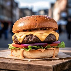 hamburger on wooden background