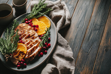 Rustic wooden table with a platter of sliced turkey, rosemary sprigs, orange segments, and cranberries, matte ceramics, bright even light, clean composition