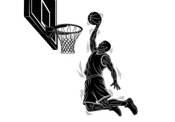 Dynamic silhouette of a basketball player dunking the ball against a white background © Md Rumel Ahmed