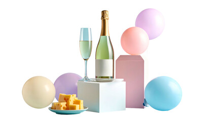 Champagne bottle, glass, cheese, and pastel balloons against black background