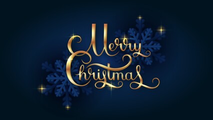 Dark festive background. Navy christmas card decorated gold text and snowflakes