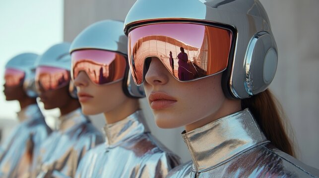 Group of models wearing retro-futuristic helmets and metallic jackets