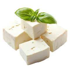 Cubes of feta, Greek cheese, Isolated transparent on white background
