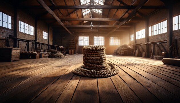 rustic warehouse interior with coiled rope on wooden floor - Powered by Adobe