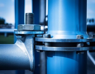 close up of industrial steel pipe with bolt clamp and blue hue