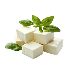 Cubes of feta, Greek cheese, Isolated transparent on white background