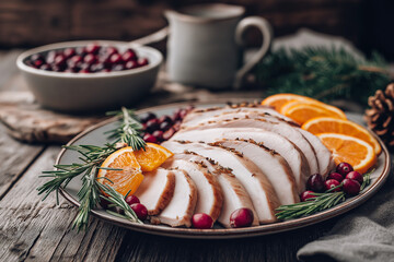 Rustic wooden table with a platter of sliced turkey, rosemary sprigs, orange segments, and cranberries, matte ceramics, bright even light, clean composition