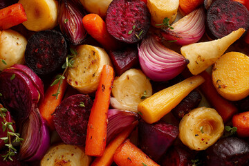 Sheet pan of roasted root vegetable medley: parsnips, carrots, beets, red onion wedges, thyme, overhead composition, saturated seasonal color