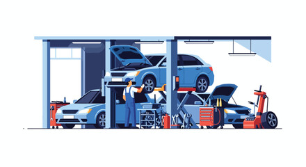 Flat vector of mechanics repairing cars in modern auto service garage, automotive maintenance and teamwork concept