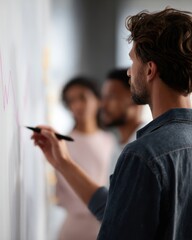 Team looking at failed graph and brainstorming comeback plan, unity and courage,