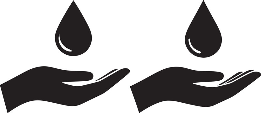 Two black silhouette hands catching falling water droplets silhouette