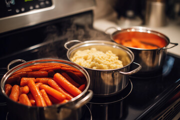Stove top with three pots: mashed potatoes, gravy, and glazed carrots, lids slightly ajar, gentle steam, bright even light, no brand marks