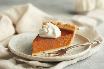 Simple pie slice on a ceramic plate with a dollop of cream, fork resting, linen napkin, high-key background, spacious copy area