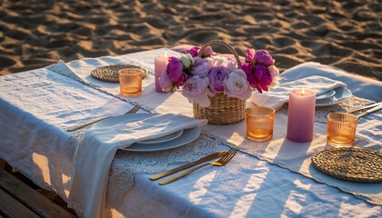 Fototapeta premium Serene Beachside Dinner: An elegantly set table adorns a sandy beach, bathed in the soft glow of natural light. Delicate roses and flickering candles create a romantic ambiance.