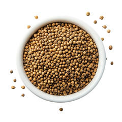 Dried white mustard seeds in white ceramic bowl Isolated transparent on white background