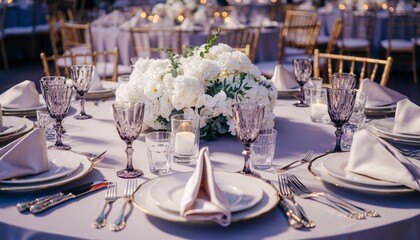 Elegant Table Setting: A close-up showcases a beautifully arranged dining table, exuding sophistication and charm with its pristine white linens, delicate glassware, and a stunning floral centerpiece.