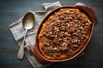 Sweet potato casserole in a baking dish with pecan topping, spoon beside, linen potholder, bright natural light, appetizing overhead composition